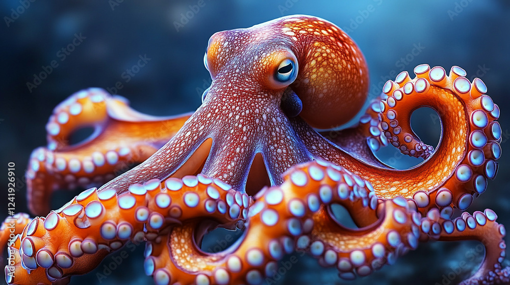 Obraz premium Closeup of an octopus arm showcasing intricate details and textured suckers, symbolizing adaptability, intelligence, and mystery, with modern blurred empty space for captions.