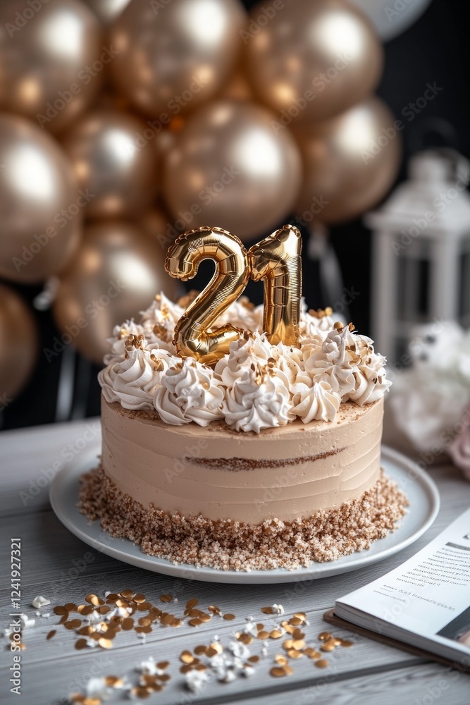 Fototapeta premium A delicious 21st birthday cake, decorated with gold balloons and sprinkles.