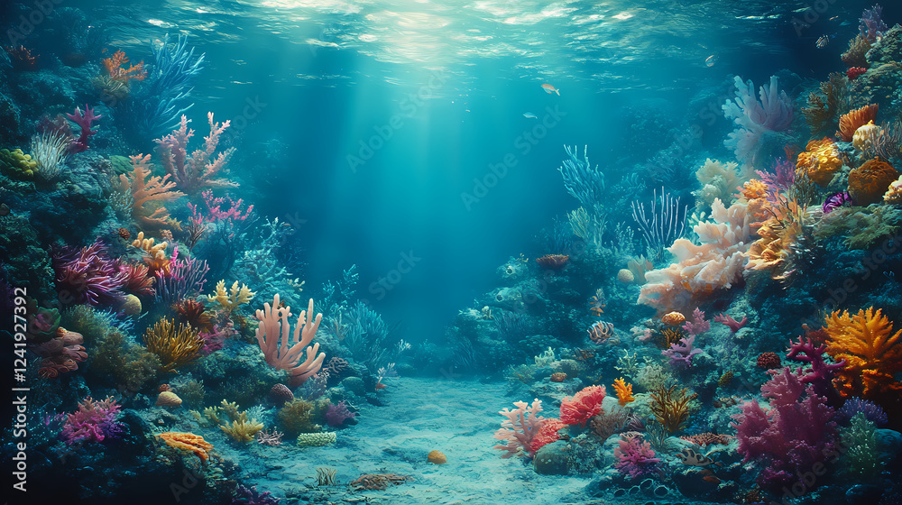 Naklejka premium Ocean coral reef underwater. sea world under water background. the beauty of the underwater ocean reef landscape. Underwater Worlds. Illustration