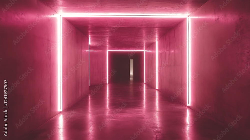 Pink neon hallway, reflective floor Pink neon hallway, reflective floor