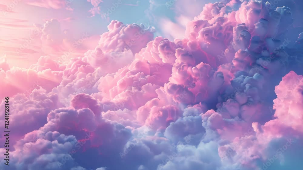 Clouds are pink and blue with a plane flying in the sky