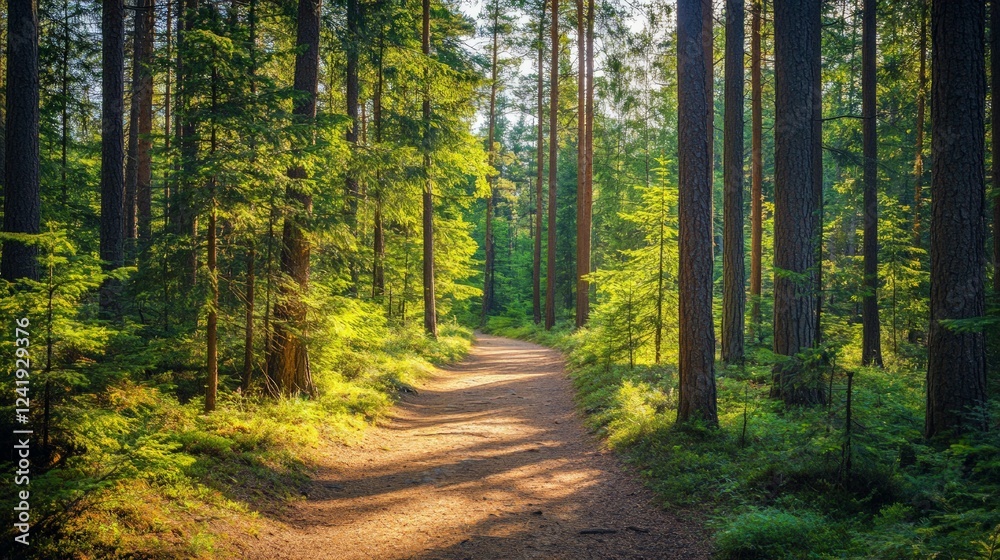 Fototapeta premium Serene Forest Pathway Surrounded by Lush Greenery in Sunlight