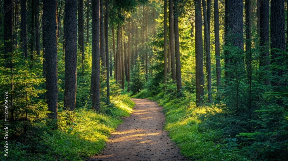 Fototapeta premium Serene Forest Pathway Surrounded by Lush Greenery and Sunlight