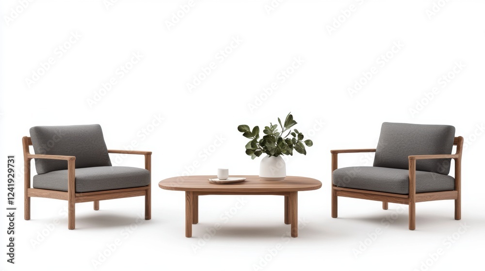 Fototapeta premium Modern Living Room Setup with Two Comfortable Chairs and a Stylish Center Table Featuring Green Plant Decor