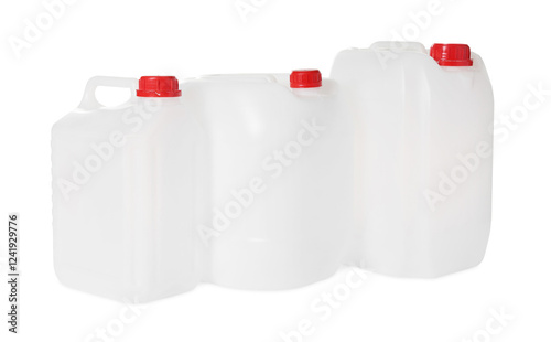 Three plastic canisters with caps isolated on white photo