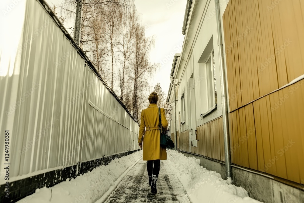 custom made wallpaper toronto digitalWoman walking down a snowy alley in a stylish yellow coat