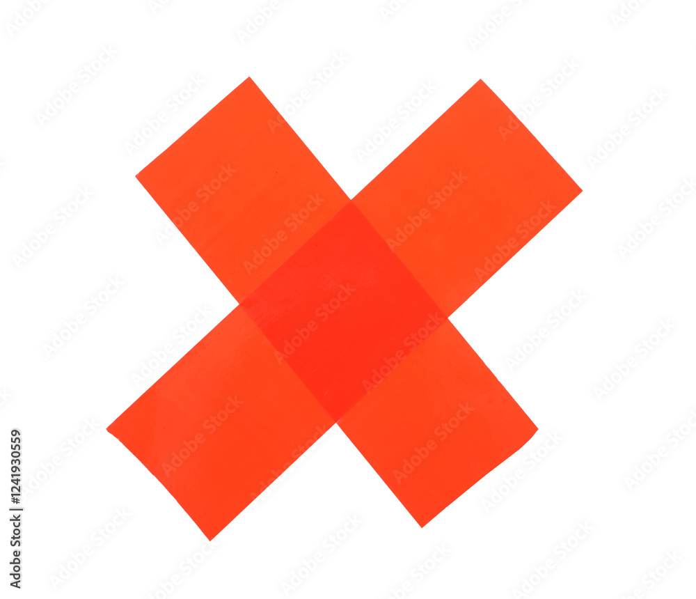 Fototapeta premium Cross made of red adhesive tape on white background, top view