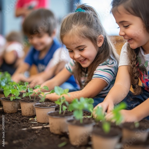 A lively scene of children planting saplings in a community park, with parents and volunteers assisting, promoting awareness of agriculture and environmental care.

