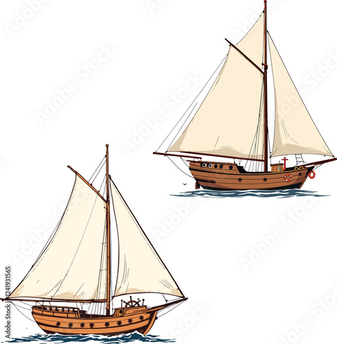 Two vintage wooden sailboats sailing on the sea waves