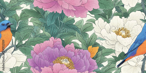 Birds and pink purple peonies floral seamless pattern. Ideal for fabric, wallpaper, or textile design, Vector Floral seamless pattern with garden flowers, elegant nature inspired design