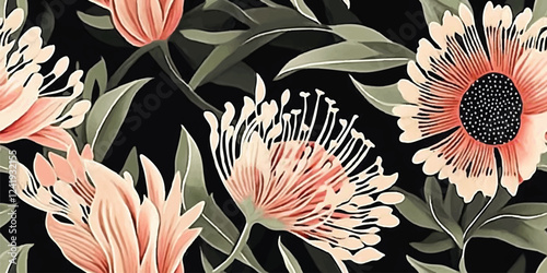 Seamless Vector pattern with Tropical exotic pink protea flowers in tropical leaves. Botanical African flowers on black background