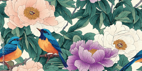 Birds and pink purple peonies floral seamless pattern. Ideal for fabric, wallpaper, or textile design, Vector Floral seamless pattern with garden flowers, elegant nature inspired design