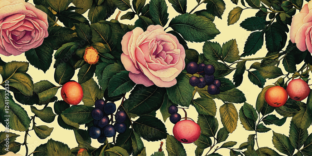 Floral Vector seamless pattern with roses garden flowers and plants, fruits, berries for fabric, textiles, clothing, wrapping paper, cover, banner, home decor