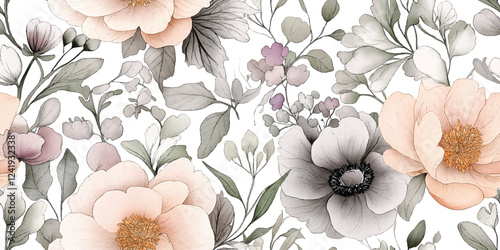 Abstract soft pastel poppies flower art seamless pattern. Trendy contemporary floral nature background. Natural organic plant leaves artwork wallpaper print collection. Vintage spring texture