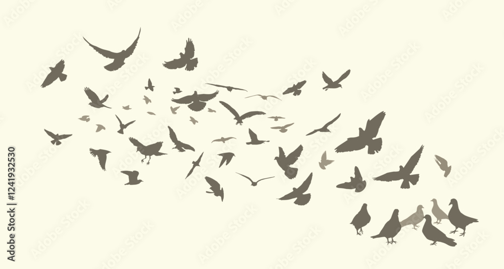 Flying birds silhouette flock. hand drawing. Not AI. Vector illustration. Flying birds silhouette flock. hand drawing. Not AI. Vector illustration.
