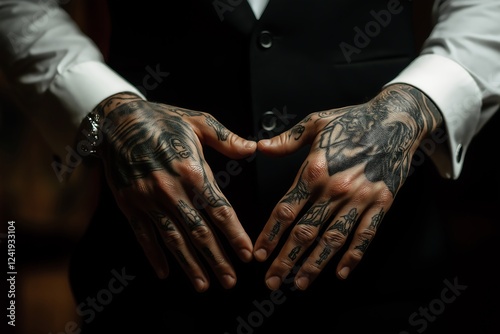 mafia boss showing his hands with tattoos