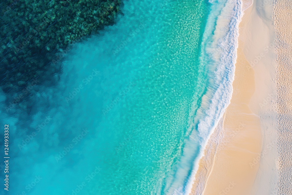 Fototapeta premium The Crystal Clear Waters and the Pristine Sandy Beach Together Embrace Summers Bliss, Taking You on a Journey into a Coastal Paradise of Leisure and Serenity by the Ocean and Waves