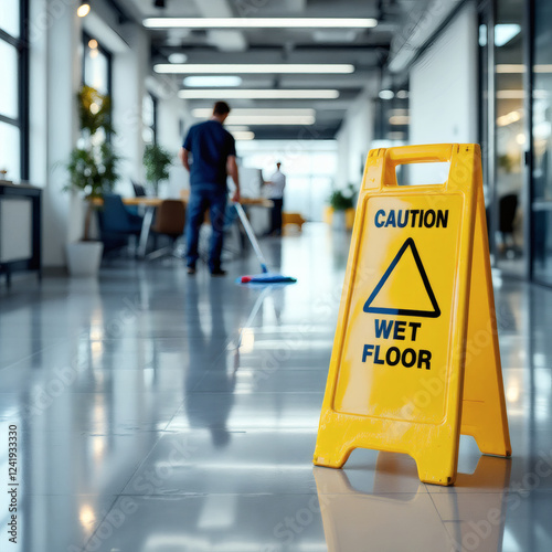 Wallpaper Mural A bright yellow wet floor caution sign placed in an office during cleaning, emphasizing safety, workplace maintenance, and hazard prevention. Torontodigital.ca