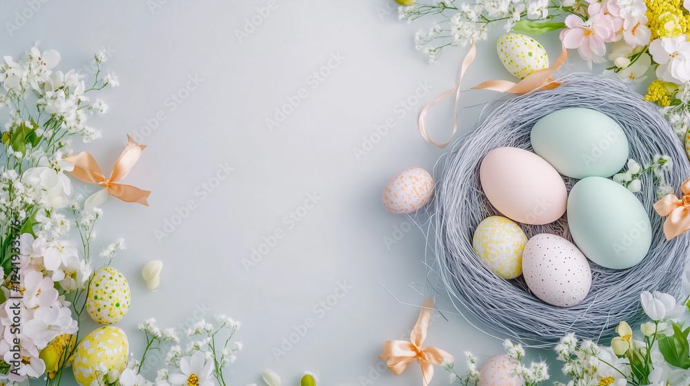 Obraz premium Happy Easter concept with easter eggs in nest and spring flowers. Easter background with empty space