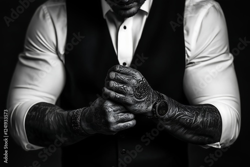 mafia boss showing his hands with tattoos