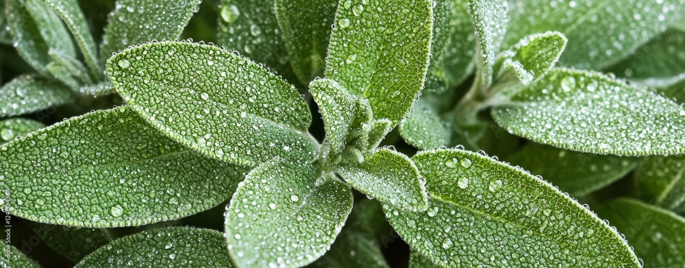 Fototapeta premium Dew-Covered Sage Leaves Fresh, Green, and Vibrant