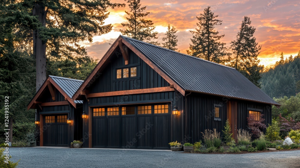 Mountain Cabin at Sunset: A stunning black barn-style garage and cabin nestled amongst tall evergreens, bathed in the warm golden light of a vibrant sunset. Mountain Cabin at Sunset: A stunning black barn-style garage and cabin nestled amongst tall evergreens, bathed in the warm golden light of a vibrant sunset.