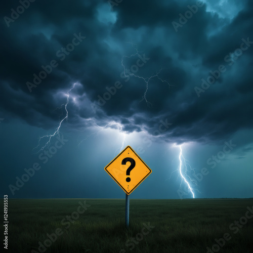 A striking question mark sign amidst dark clouds, lightning, and tornado warnings, symbolizing uncertainty and danger in severe weather conditions.