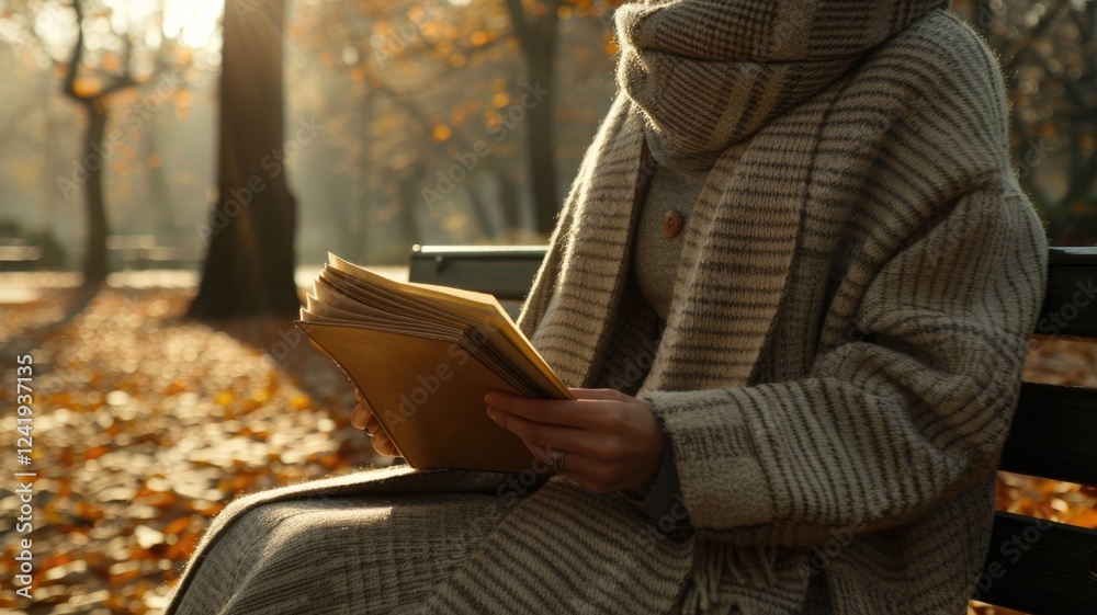 Obraz premium Cozy autumn afternoon in the park with woman reading in warm scarf