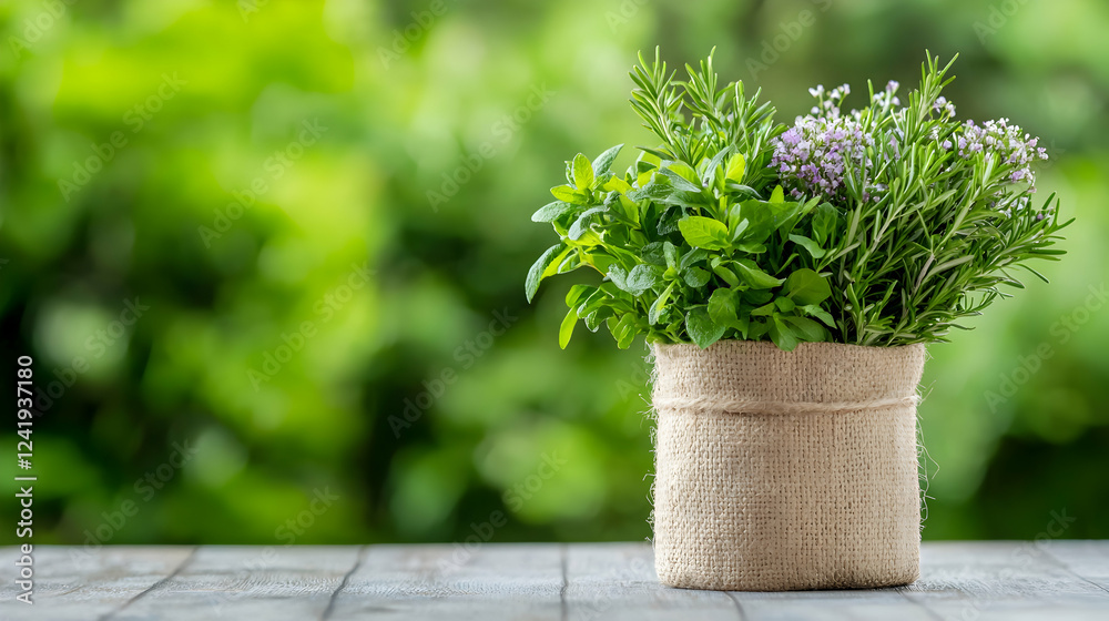 Fresh herbs in burlap bag, garden background, cooking Fresh herbs in burlap bag, garden background, cooking
