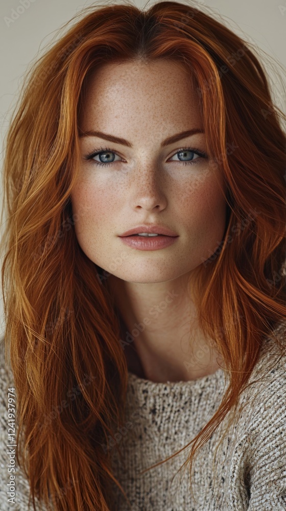 Naklejka premium Beautiful Young Woman with Freckles and Red Hair in Cozy Sweater