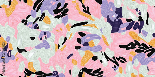 Vector Abstract floral seamless pattern. Bright colors, gouache painting, Spring flowers, Floral drawings with texture. Summer botanical background