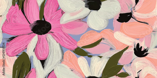 Vector Abstract floral seamless pattern. Bright colors, gouache painting, Spring flowers, Floral drawings with texture. Summer botanical background