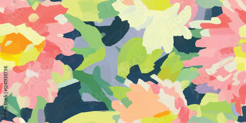 Vector Abstract floral seamless pattern. Bright colors, gouache painting, Spring flowers, Floral drawings with texture. Summer botanical background