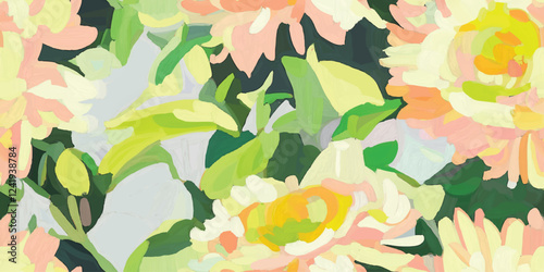 Vector Abstract floral seamless pattern. Bright colors, gouache painting, Spring flowers, Floral drawings with texture. Summer botanical background