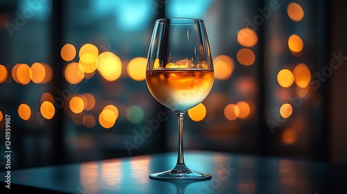 A glass of wine sits on a table in front of a blurred background of warm, golden lights. photo