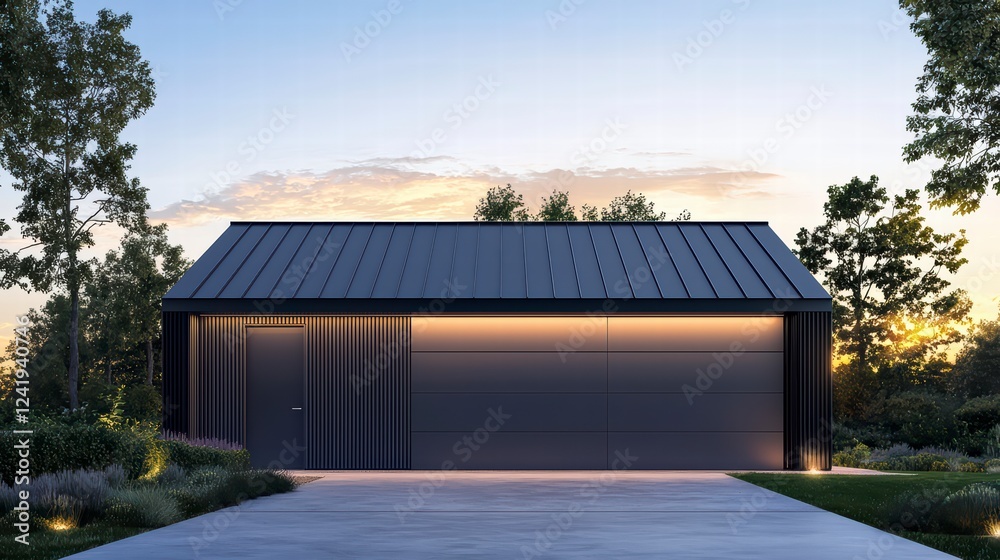 Obraz premium Modern Garage at Twilight: A sleek and contemporary garage with a flat roof, sleek metal siding, and warm lighting casts a modern silhouette against the backdrop of a soft twilight sky.