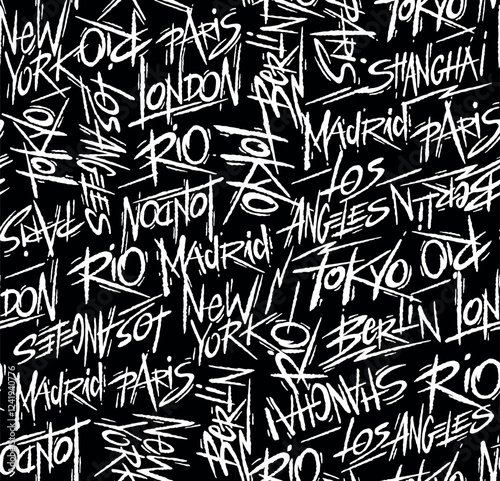 Stylized lettering pattern with the names of famous cities around the world. Artistic and casual lines for wallpaper, fabrics, decoration, etc.