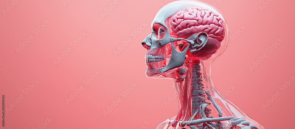 Obraz premium Anatomical model showcasing a transparent human skull and brain against a soft pink background, highlighting the intricacies of human anatomy for educational and illustrative purposes