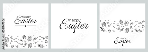 Set of Easter greeting cards.Modern minimal design in doodle style.Vector illustration.