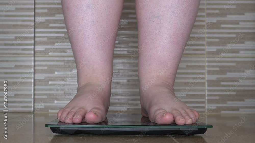 Fat legs end up on the scales. A man stands on a scale and tries to cheat the scale by lifting his foot. Disappointment from the result on the scales. Anger at his own weight. Video in the bathroom.