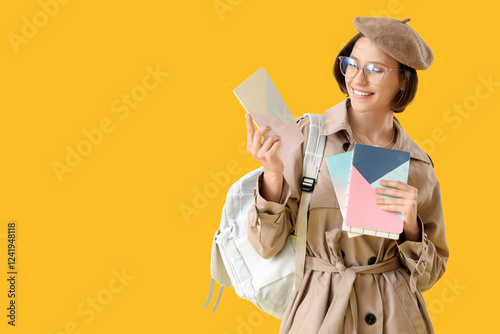 Happy female student with b...