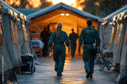 Healthcare workers walk towards the light in a temporary medical facility during early evening hours photo