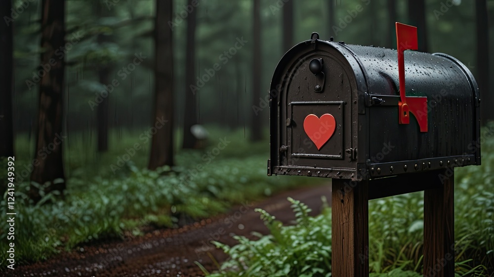 A rustic mailbox featuring a heart symbol is positioned along a winding forest path on a rainy day embraced by vibrant green plants and trees A rustic mailbox featuring a heart symbol is positioned along a winding forest path on a rainy day embraced by vibrant green plants and trees