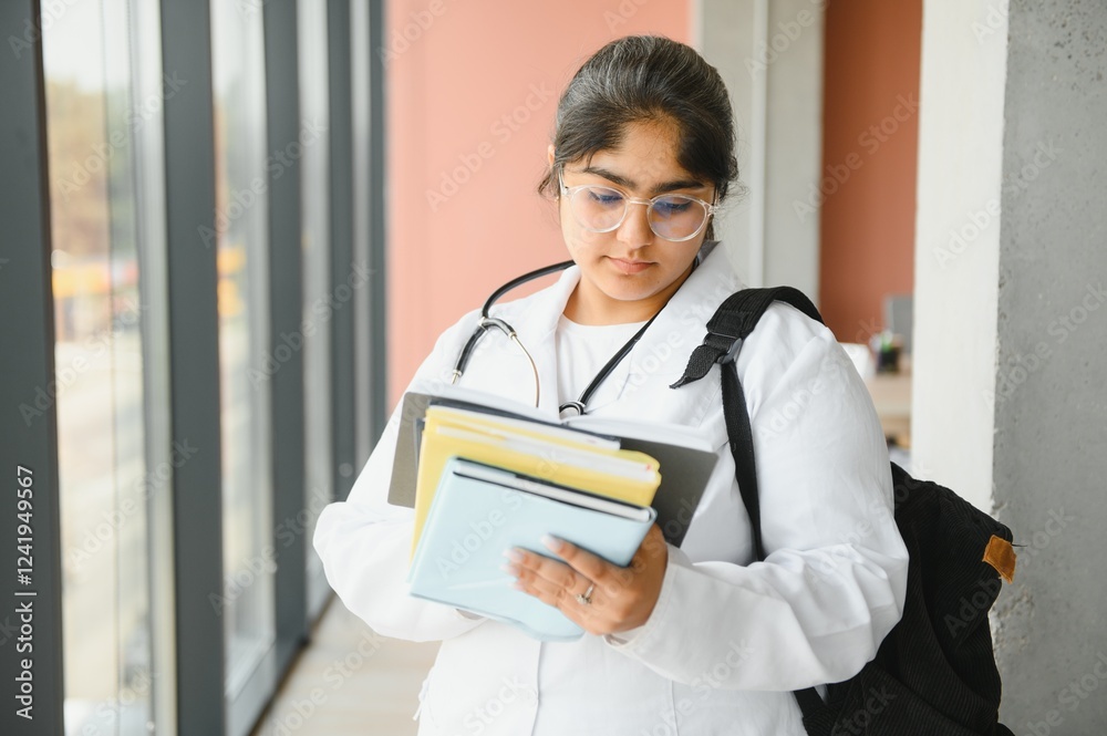 Medical concept of Indian beautiful female doctor in white coat with stethoscope. Medical student. Medical concept of Indian beautiful female doctor in white coat with stethoscope. Medical student.