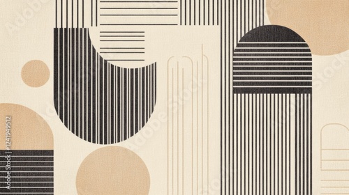 Abstract geometric art print; beige, black lines; modern home decor