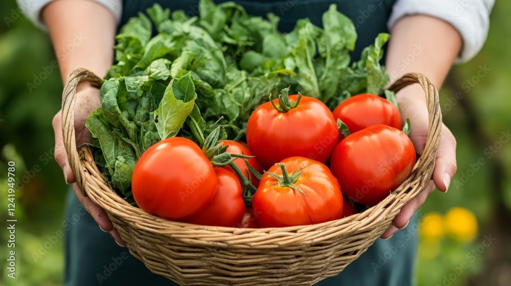 Freshly Harvested Tomatoes and Greens in a Natural Setting Freshly Harvested Tomatoes and Greens in a Natural Setting