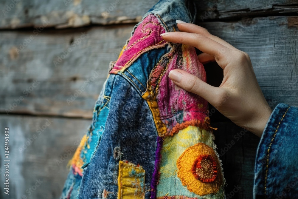 A vibrant denim jacket patched with colorful fabrics and intricate embroidery, showcasing unique style and creativity. A vibrant denim jacket patched with colorful fabrics and intricate embroidery, showcasing unique style and creativity.