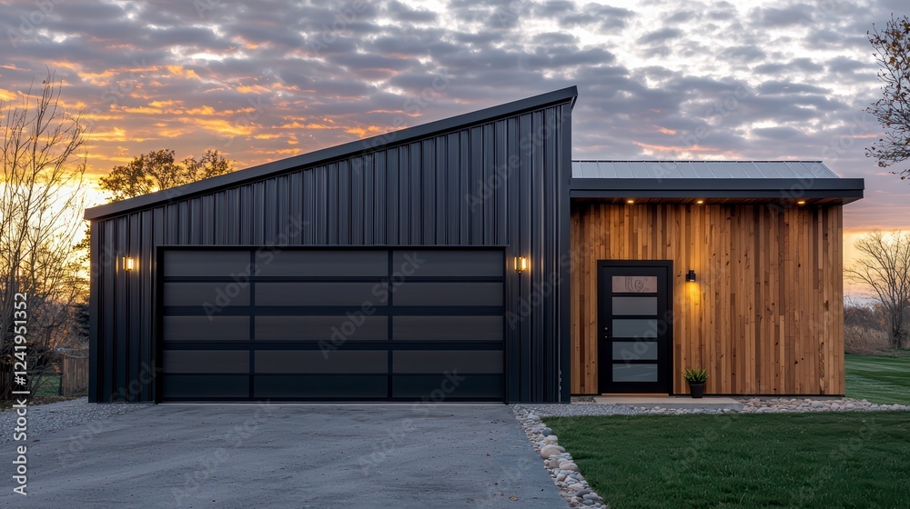 Modern Metal Garage: A sleek, contemporary garage boasts a black metal facade and a contrasting wood panel accent, bathed in the warm glow of the setting sun. The design showcases a modern. Modern Metal Garage: A sleek, contemporary garage boasts a black metal facade and a contrasting wood panel accent, bathed in the warm glow of the setting sun. The design showcases a modern.