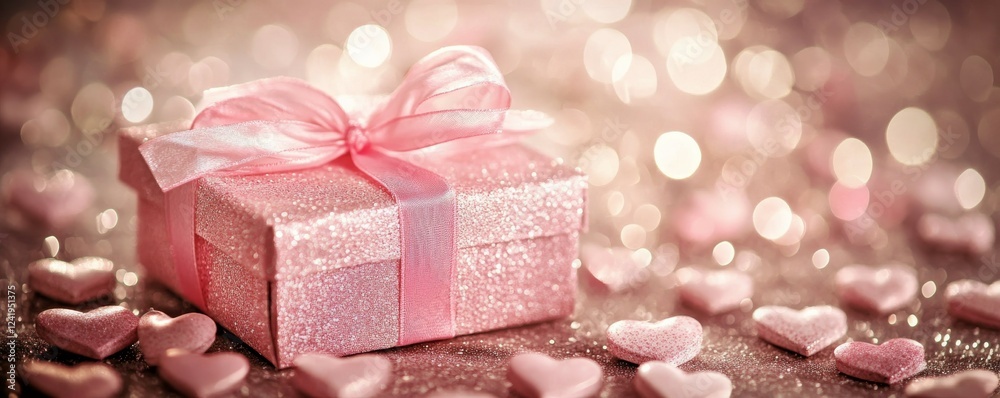 Fototapeta premium Gift box wrapped in pink ribbon surrounded by heart shaped decorations on a soft background