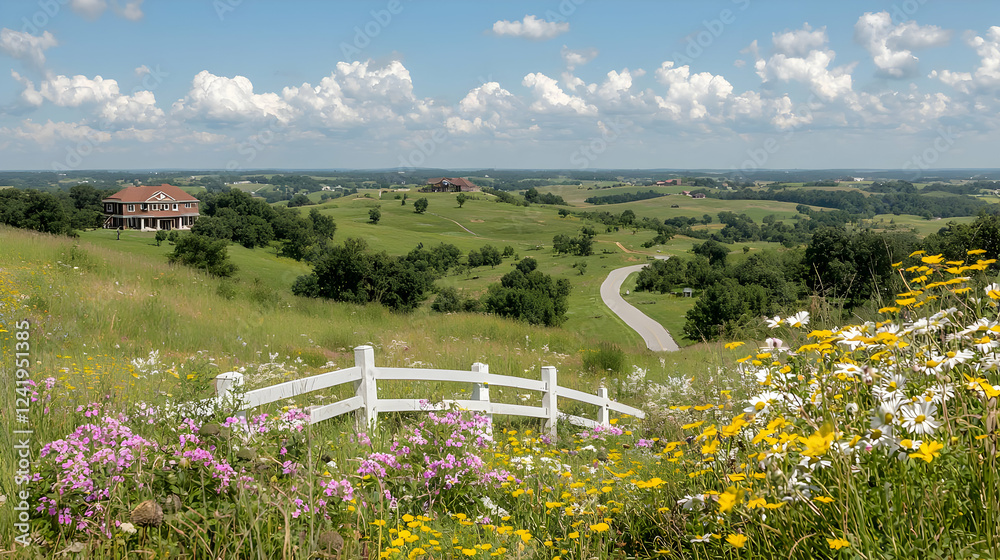 Fototapeta premium Colorful wildflowers bloom near a white wooden fence overlooking rolling green hills and a winding country road under a blue sky.